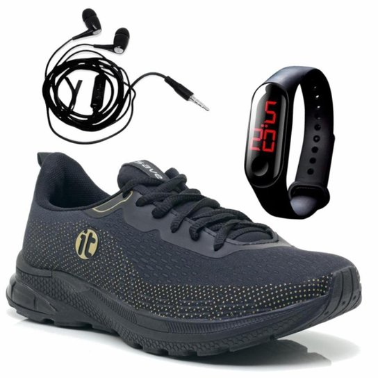 Tênis Esportivo Unissex Caminhada Academia + Relógio Digital + Fone - Preto+Dourado Menor preço em Tênis Esportivo Unissex Caminhada Academia + Relógio Digital + Fone - Preto+Dourado