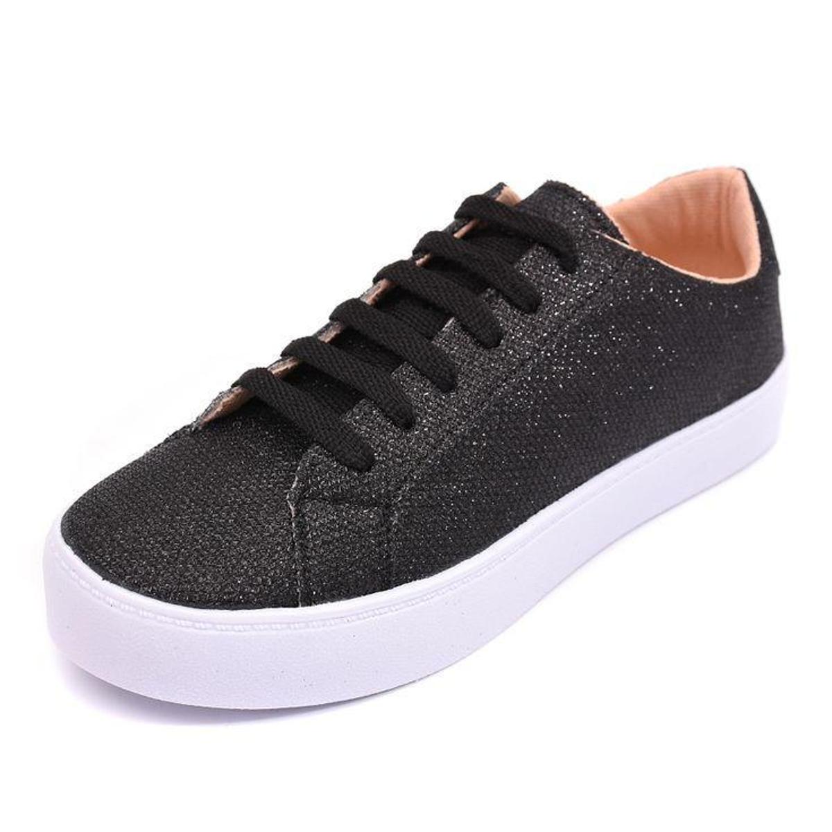 Tenis Feminino Básico Preto Brilho Cadarço - Preto | Netshoes