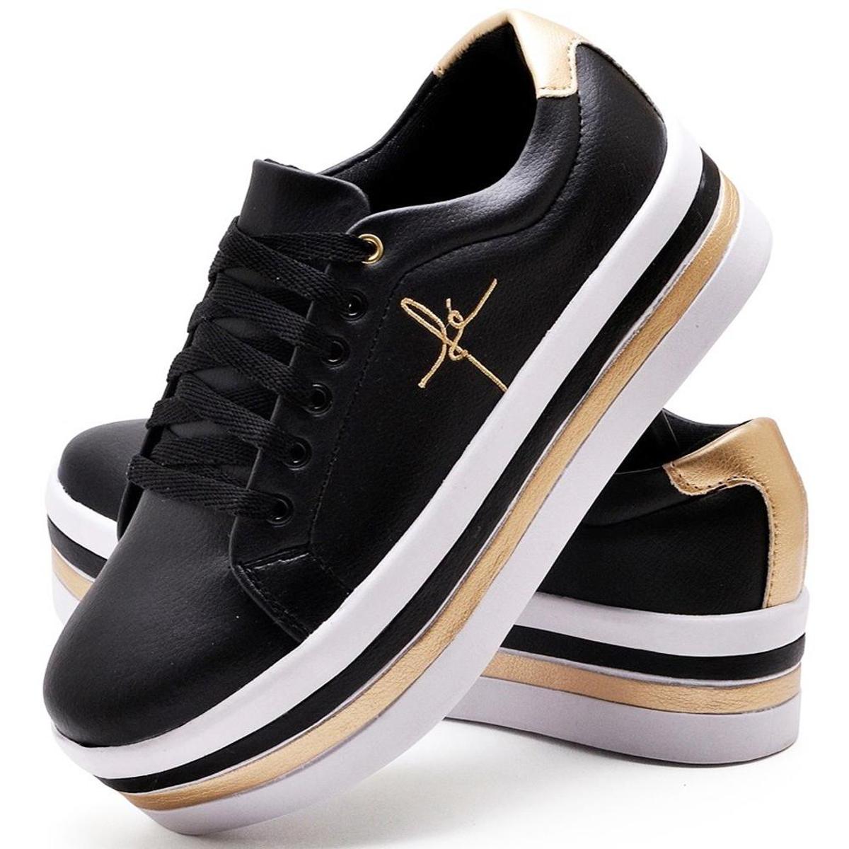 Tênis Feminino Bordado Fé GuGi Plataforma Salto Com Tiras Macia - Preto |  Netshoes