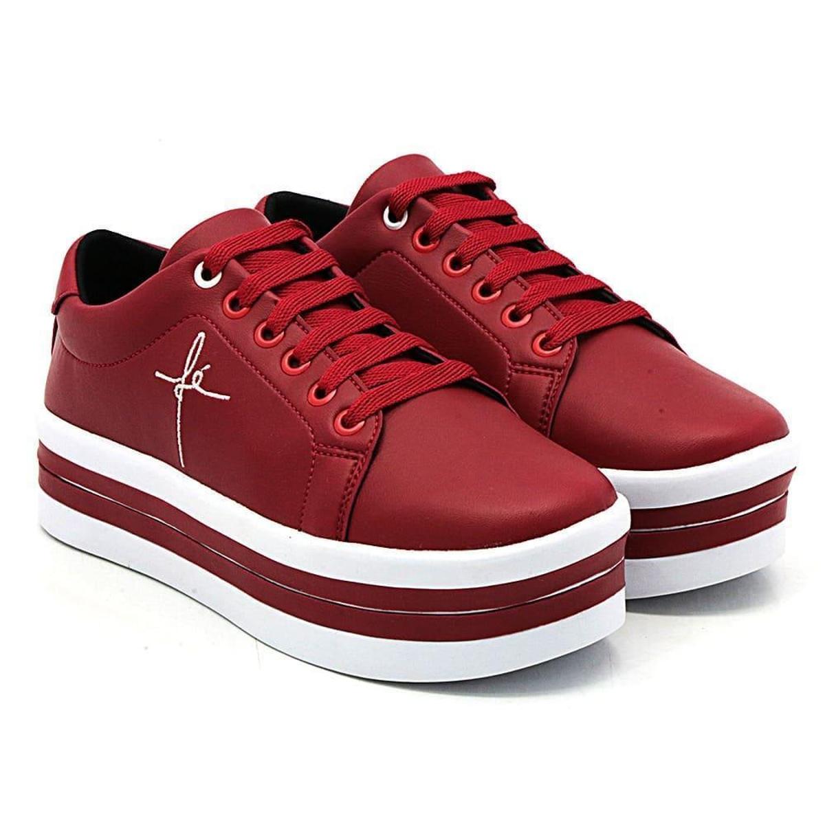 Tênis Feminino Bordado Fé GuGi Plataforma Salto Com Tiras Macia - Vermelho  | Netshoes