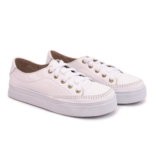 Tênis Feminino Casual Branco de couro Ajuste Cadarço - Izabela Araújo
