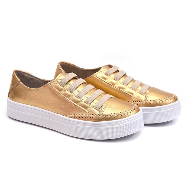 Tênis Feminino Casual Dourado de couro Ajuste Elástico - Izabela Araújo
