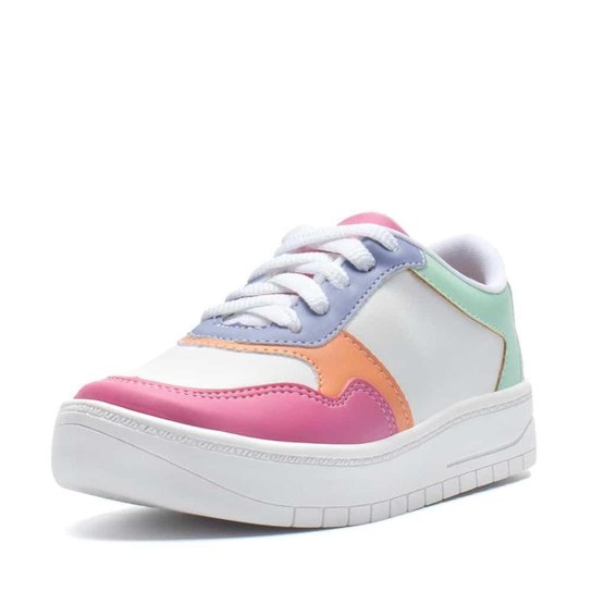 Tênis Feminino Casual Infantil Cano Baixo Recortes Coloridos - Branco Menor preço em Tênis Feminino Casual Infantil Cano Baixo Recortes Coloridos - Branco