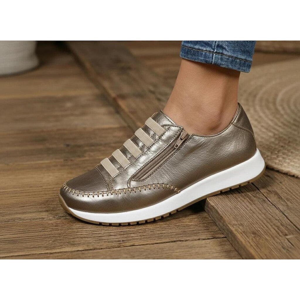 Tênis Feminino Couro Legitimo Ajuste Elástico Zíper Lateral Bella Dama