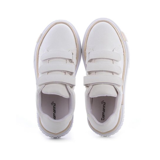 Tênis Feminino Flatform Casual Confortável Dalila Branco e Dourado