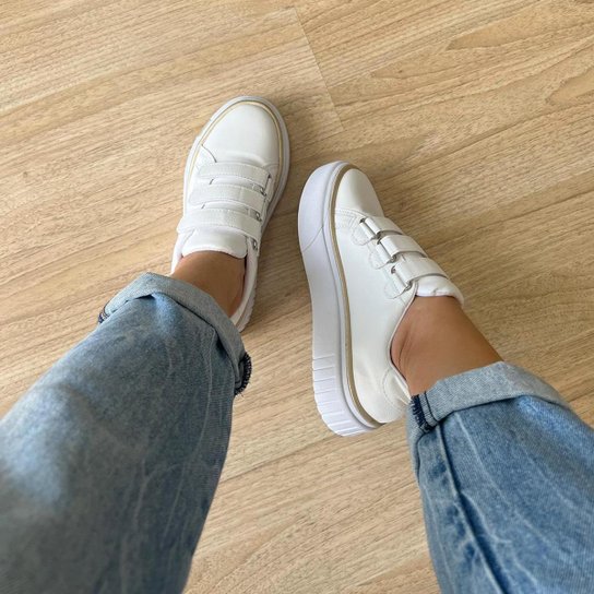 Tênis Feminino Flatform Casual Confortável Dalila Branco e Dourado