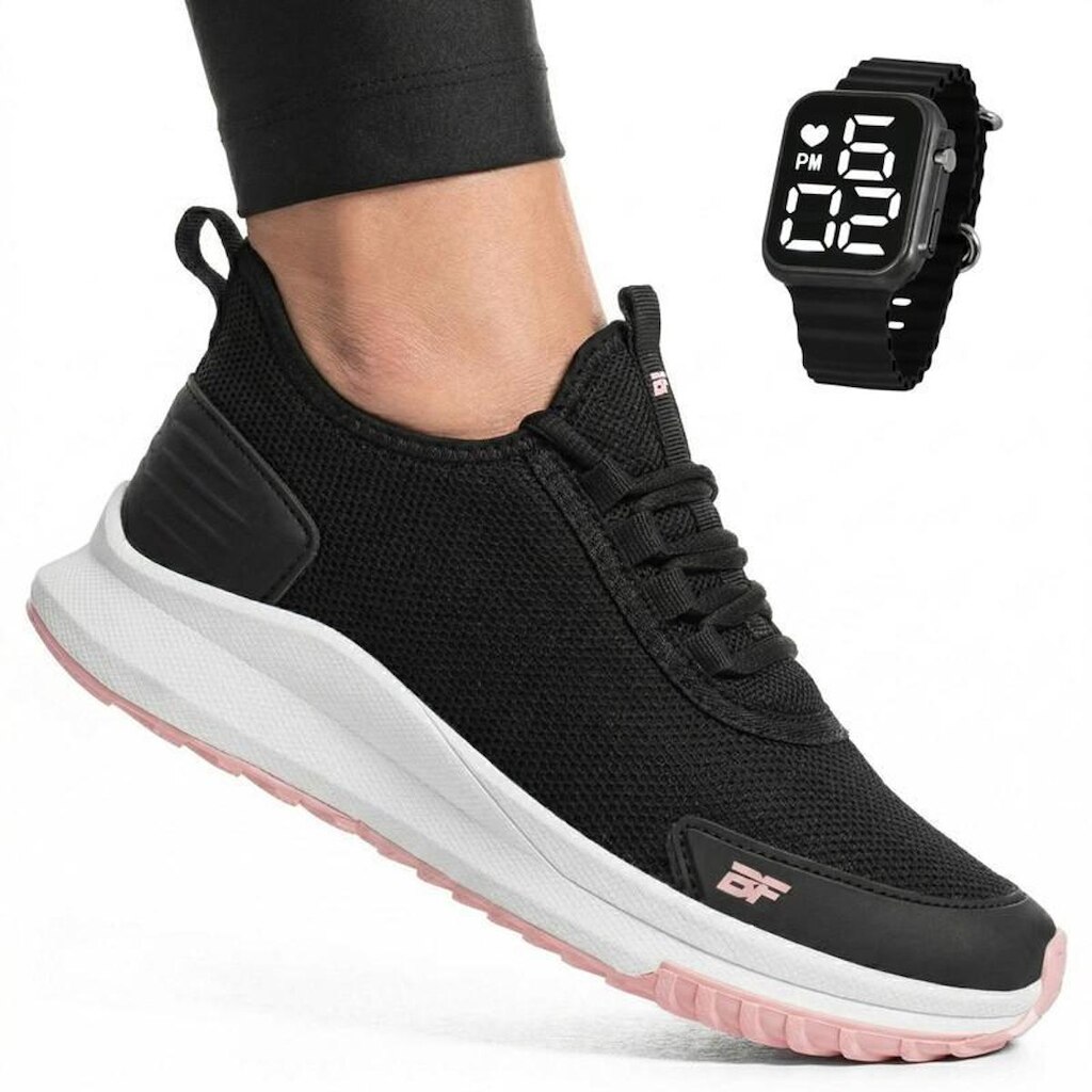 Tênis Feminino Para Malhar Academia Leve e Macio BF Shoes + Relógio Digital