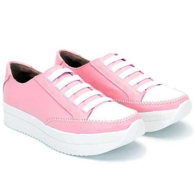 Tênis Feminino Rosa e Branco Couro Legítimo Ajuste Elástico