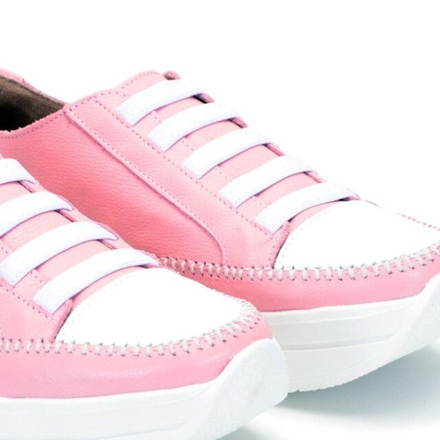 Tênis Feminino Rosa e Branco Couro Legítimo Ajuste Elástico