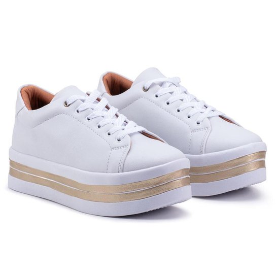 Tenis Feminino Salto Plataforma Bordado Branco Dourado - Branco+dourado Menor preço em Tenis Feminino Salto Plataforma Bordado Branco Dourado - Branco+dourado