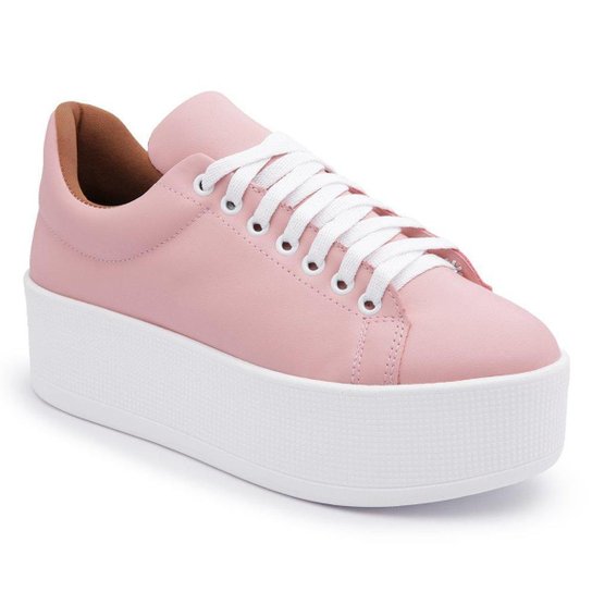 Tenis Feminino Salto Plataforma Flatform Branco Balluga - Rosa Menor preço em Tenis Feminino Salto Plataforma Flatform Branco Balluga - Rosa