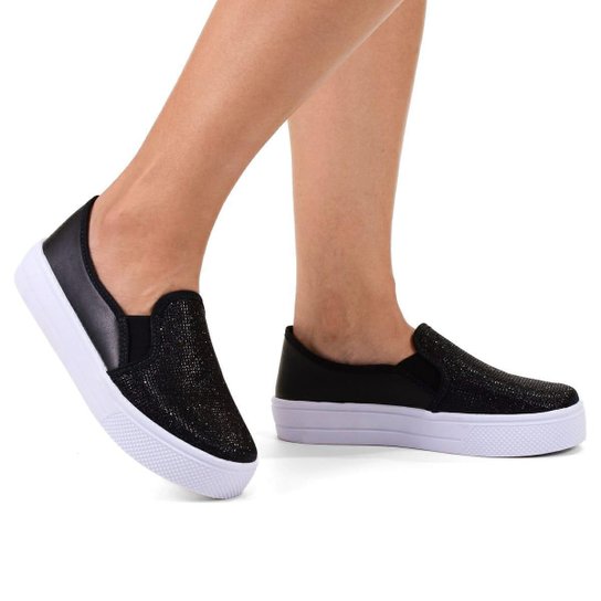 Tênis feminino Slip on iate confortavel casual preto brilhante - Preto Menor preço em Tênis feminino Slip on iate confortavel casual preto brilhante - Preto