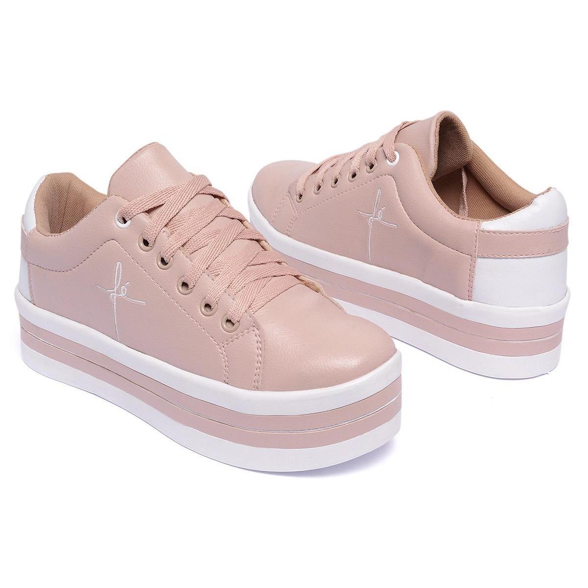 Tênis Feminino Solado Alto Bordado Fé Casual Ref: 09rosa - Rosa | Netshoes