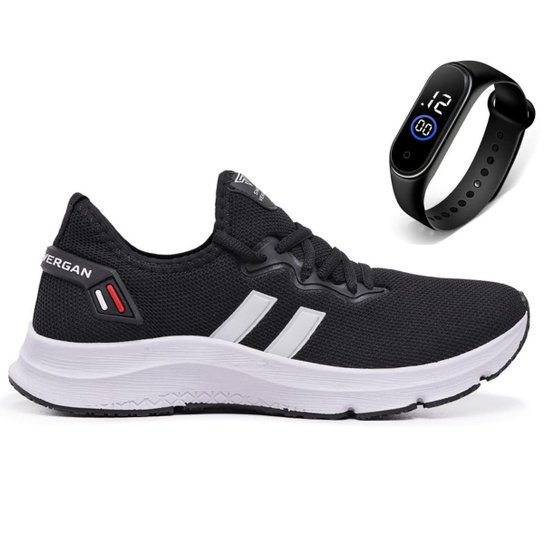 Tênis Feminino/Masculino Caminhada Academia Treino Leve Conforto + Relógio - Preto+Branco Menor preço em Tênis Feminino/Masculino Caminhada Academia Treino Leve Conforto + Relógio - Preto+Branco