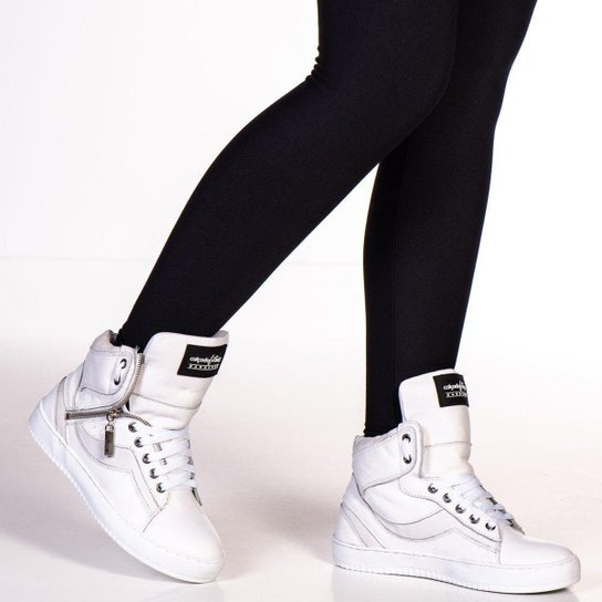 Tênis Fitness Feminino Botinha Treino Academia Couro com Zíper - Branco Menor preço em Tênis Fitness Feminino Botinha Treino Academia Couro com Zíper - Branco