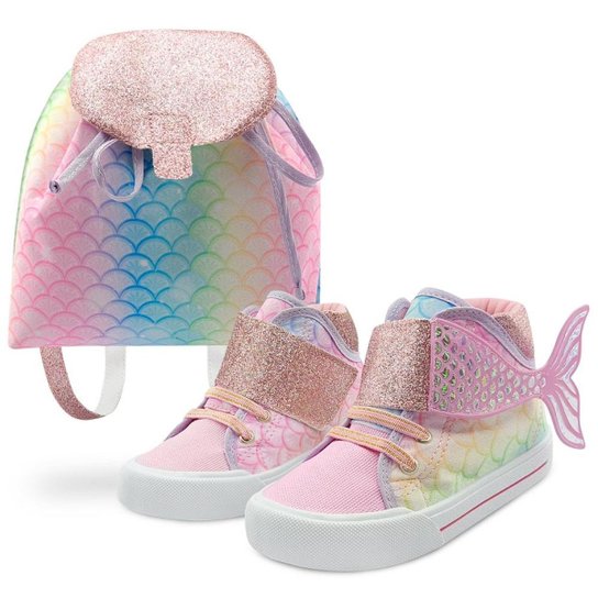 Tênis Gatatuya Infantil Menina Cauda Sereia Rosa com Bolsinha Mochila - Rosa+Azul Menor preço em Tênis Gatatuya Infantil Menina Cauda Sereia Rosa com Bolsinha Mochila - Rosa+Azul