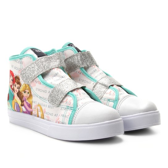 Tênis Infantil Cano Alto Disney Princesas Feminino - Branco+Verde Água