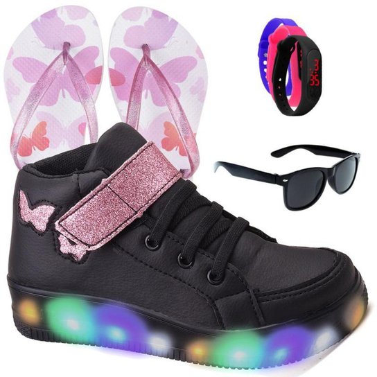 Tenis Infantil De Led Botinha Borboleta Meninas Feminino Brilhante + Chinelo Oculos Relogio - Preto Menor preço em Tenis Infantil De Led Botinha Borboleta Meninas Feminino Brilhante + Chinelo Oculos Relogio - Preto