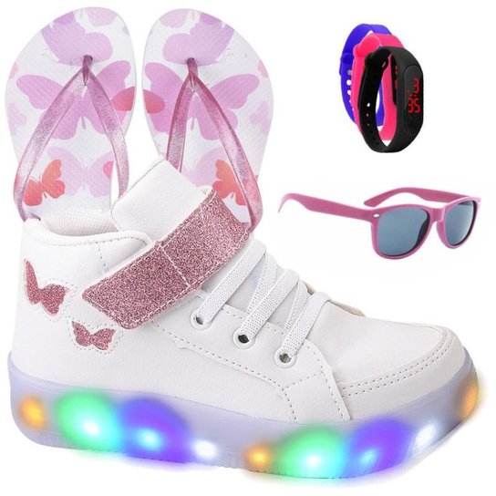 Tenis Infantil De Led Botinha Borboleta Meninas Feminino Brilhante + Chinelo Oculos Relogio - Branco Menor preço em Tenis Infantil De Led Botinha Borboleta Meninas Feminino Brilhante + Chinelo Oculos Relogio - Branco
