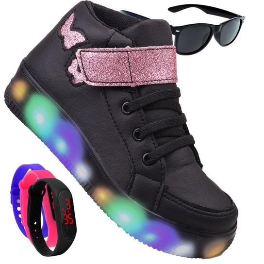 Tenis Infantil De Led Botinha Borboleta Meninas Feminino Brilhante + Oculos Relogio - Preto Menor preço em Tenis Infantil De Led Botinha Borboleta Meninas Feminino Brilhante + Oculos Relogio - Preto