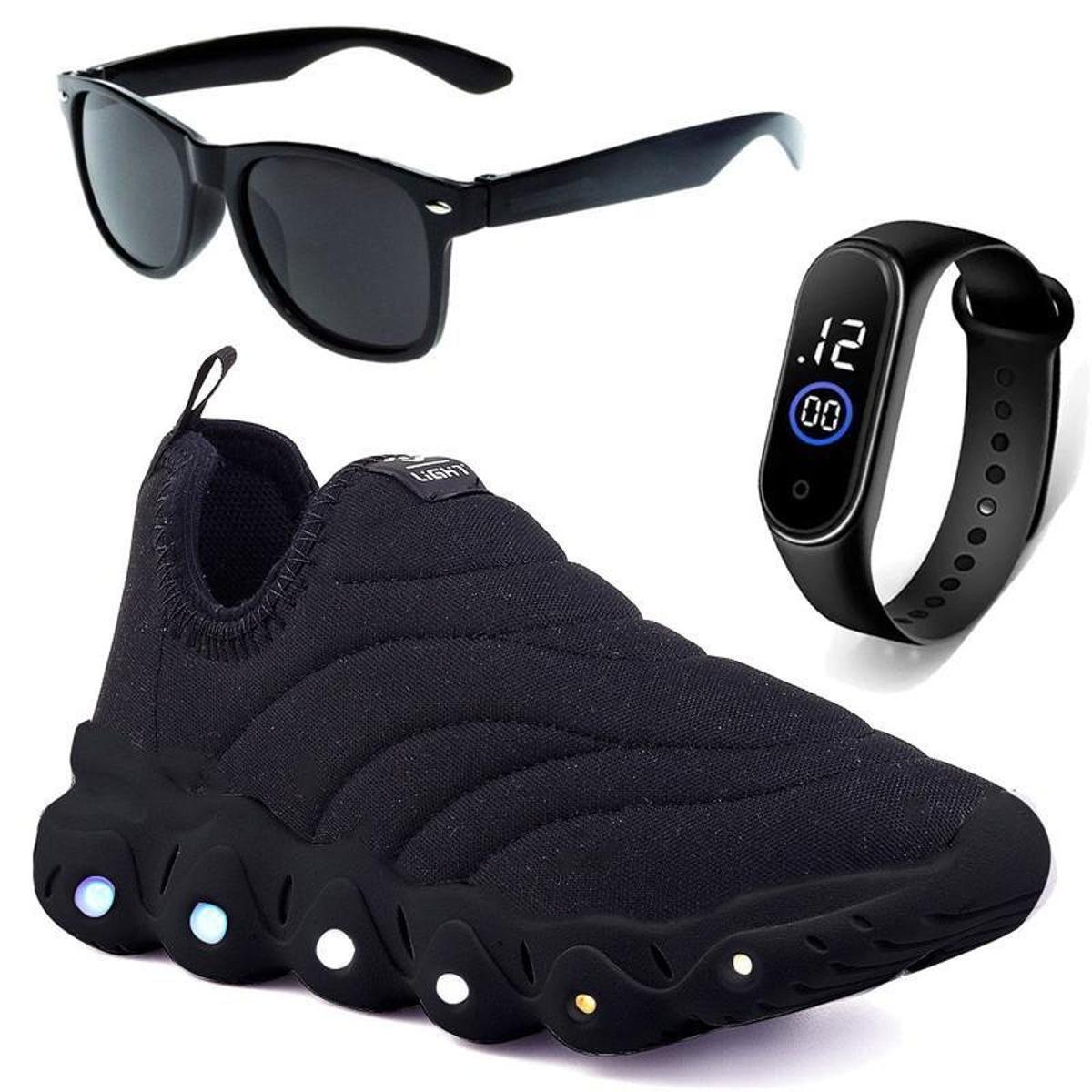 Tenis Infantil De Led Calce Facil Elastico Meninos Masculino + Oculos Relogio Menor preço em Tenis Infantil De Led Calce Facil Elastico Meninos Masculino + Oculos Relogio