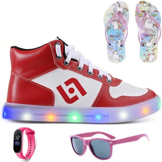 Tenis Infantil De Led Meninas Botinha Cano Alto Escolar Casual Basico + Chinelo Oculos Relogio - Vermelho Menor preço em Tenis Infantil De Led Meninas Botinha Cano Alto Escolar Casual Basico + Chinelo Oculos Relogio - Vermelho