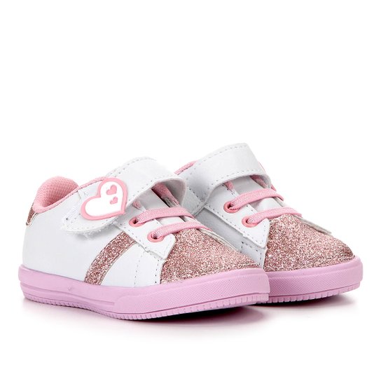 Tênis Infantil Kurz Coração Glitter Feminino - Branco+Rosa