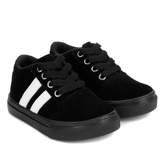 Tênis Infantil Kurz Listra Lateral Masculino - Preto+Branco Menor preço em Tênis Infantil Kurz Listra Lateral Masculino - Preto+Branco