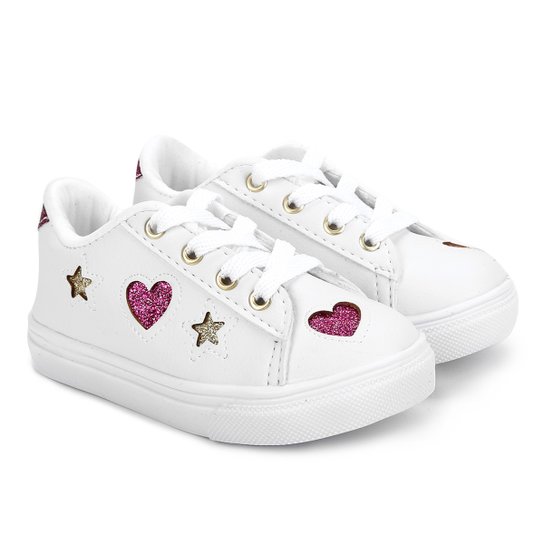 Tênis Infantil Kurz Recorte Coração Brilho Feminino - Branco Menor preço em Tênis Infantil Kurz Recorte Coração Brilho Feminino - Branco