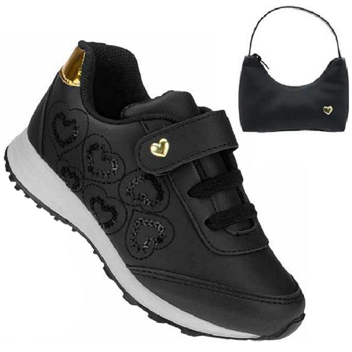 Tênis Infantil Menina Corações + Mini Bolsinha Feminino Preto Menor preço em Tênis Infantil Menina Corações + Mini Bolsinha Feminino Preto
