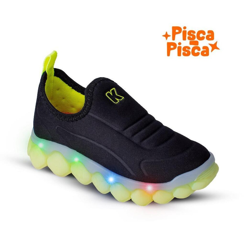 Tênis Infantil Menino Kidy Brinca Flex Preto Luz E Led Flexível Escolar Anatomico