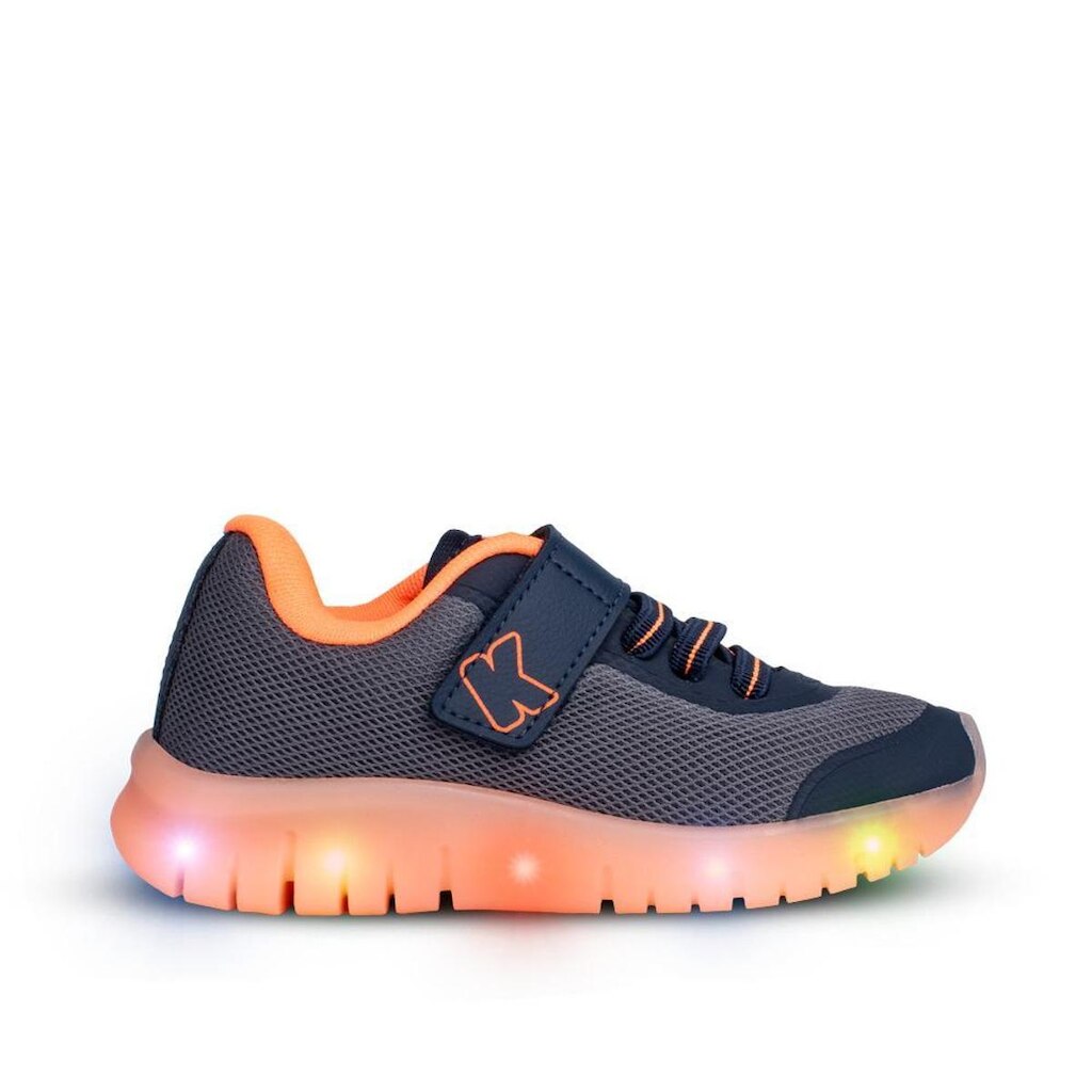 Tênis Infantil Menino Kidy Light Fun Marinho Grafite e Laranja Neon Pisca-Pisca e Velcro