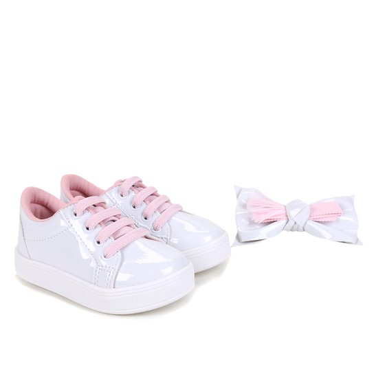 Tênis Infantil Tininha Cadarço Elástico + Laço de Cabelo Feminino - Branco+Rosa Menor preço em Tênis Infantil Tininha Cadarço Elástico + Laço de Cabelo Feminino - Branco+Rosa