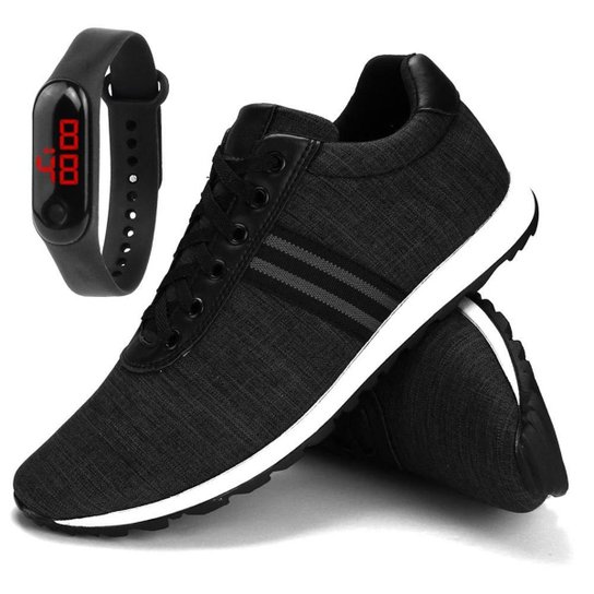 Tênis Jogging Com Listras Laterais Casual em Lona SF Outlet + Relógio Digital Preto - Preto Menor preço em Tênis Jogging Com Listras Laterais Casual em Lona SF Outlet + Relógio Digital Preto - Preto