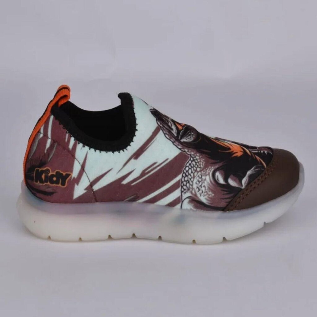 Tênis Kidy Flex Light Pisca Pisca Dinossauro Marrom Laranja