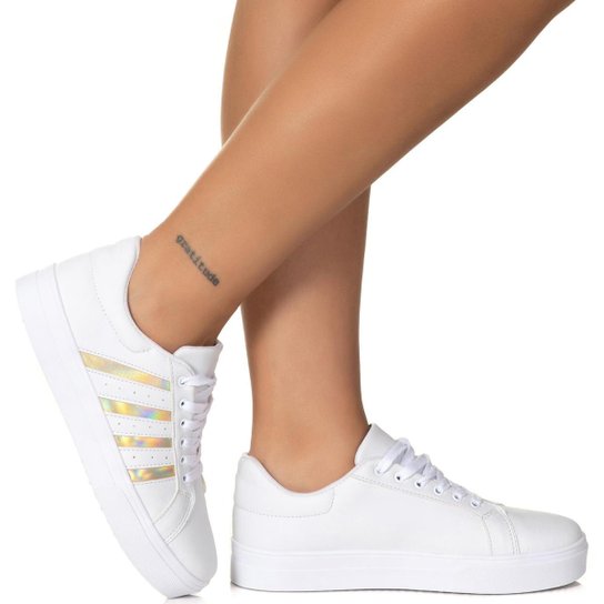 Tenis Listras Casual Feminino Branco Dourado Estilo Shoes - Branco+dourado Menor preço em Tenis Listras Casual Feminino Branco Dourado Estilo Shoes - Branco+dourado
