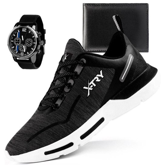 Tênis Masculino Casual X-try Camila Nicacio Esportivo Academia Lançamento + Relógio e Carteira - Preto+Branco Menor preço em Tênis Masculino Casual X-try Camila Nicacio Esportivo Academia Lançamento + Relógio e Carteira - Preto+Branco