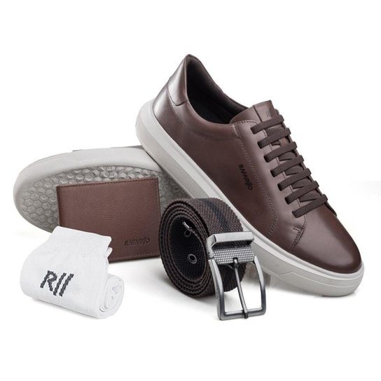 Tênis Masculino Couro Rafarillo + Carteira + Cinto + Meia Kit - Marrom Menor preço em Tênis Masculino Couro Rafarillo + Carteira + Cinto + Meia Kit - Marrom