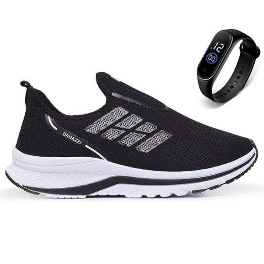 Tênis Masculino Esportivo Sem Cadarço Academia Caminhada Treino Leve + Relógio Slin - Preto+Branco Menor preço em Tênis Masculino Esportivo Sem Cadarço Academia Caminhada Treino Leve + Relógio Slin - Preto+Branco