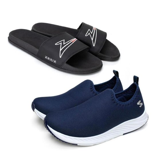 Tênis Masculino Esportivo Slip On + Chinelo Slide Conforto - Preto+Azul Menor preço em Tênis Masculino Esportivo Slip On + Chinelo Slide Conforto - Preto+Azul