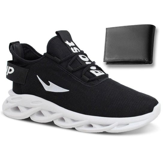 Tenis Masculino Kazup Super Leve para caminhada e academia + carteira - Preto+Branco Menor preço em Tenis Masculino Kazup Super Leve para caminhada e academia + carteira - Preto+Branco