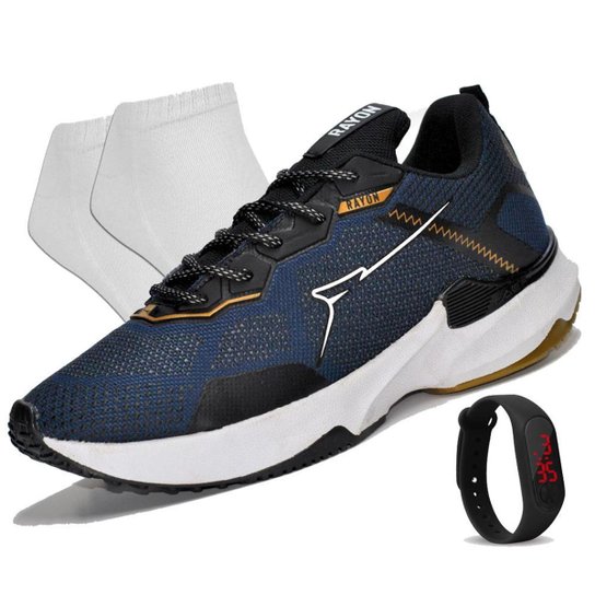 TENIS MASCULINO P/ ACADEMIA E CAMINHADA - R1431 - AZUL - RELOGIO + MEIA - Azul Menor preço em TENIS MASCULINO P/ ACADEMIA E CAMINHADA - R1431 - AZUL - RELOGIO + MEIA - Azul