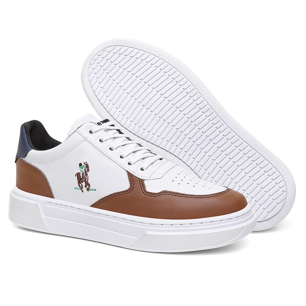 Tênis Masculino Polo Casual Branco Couro Sintético Sola Alta Plataforma 3cm