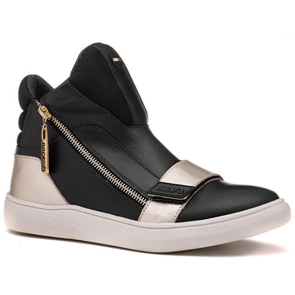 Tênis Masculino Rock Fit Blink Em Couro Preto e Dourado