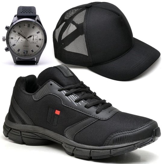 Tênis Masculino Ultraleve Treino Academia + Boné + Relógio - Preto Menor preço em Tênis Masculino Ultraleve Treino Academia + Boné + Relógio - Preto