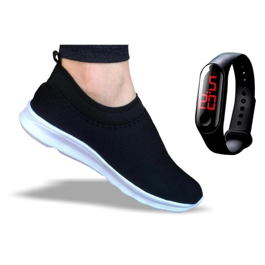 Tenis Meia Masculino Feminino Esportivo Calce Fácil + Relógio Digital - Preto Menor preço em Tenis Meia Masculino Feminino Esportivo Calce Fácil + Relógio Digital - Preto