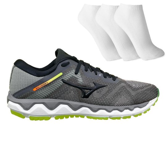 Tênis Mizuno Wave Horizon 4 + 3 Pares de Meia - Cinza+Amarelo Menor preço em Tênis Mizuno Wave Horizon 4 + 3 Pares de Meia - Cinza+Amarelo