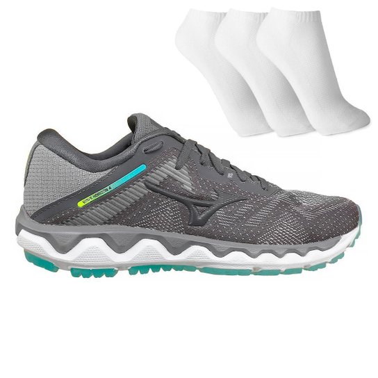 Tênis Mizuno Wave Horizon 4 + 3 Pares de Meia - Cinza+Azul Menor preço em Tênis Mizuno Wave Horizon 4 + 3 Pares de Meia - Cinza+Azul