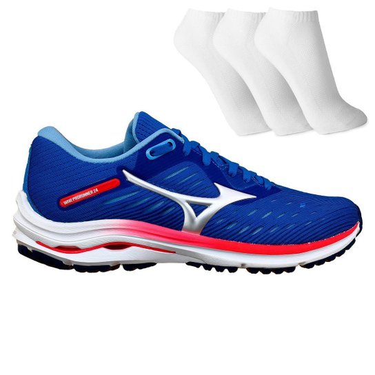 Tênis Mizuno Wave Prorunner 24 + 3 Pares de Meia - Azul+Rosa Menor preço em Tênis Mizuno Wave Prorunner 24 + 3 Pares de Meia - Azul+Rosa
