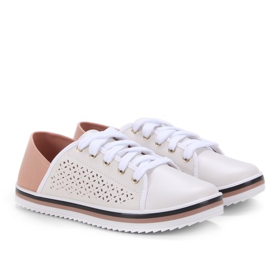 Tênis Moleca Casual Perfuros Feminino - Branco+Nude Menor preço em Tênis Moleca Casual Perfuros Feminino - Branco+Nude